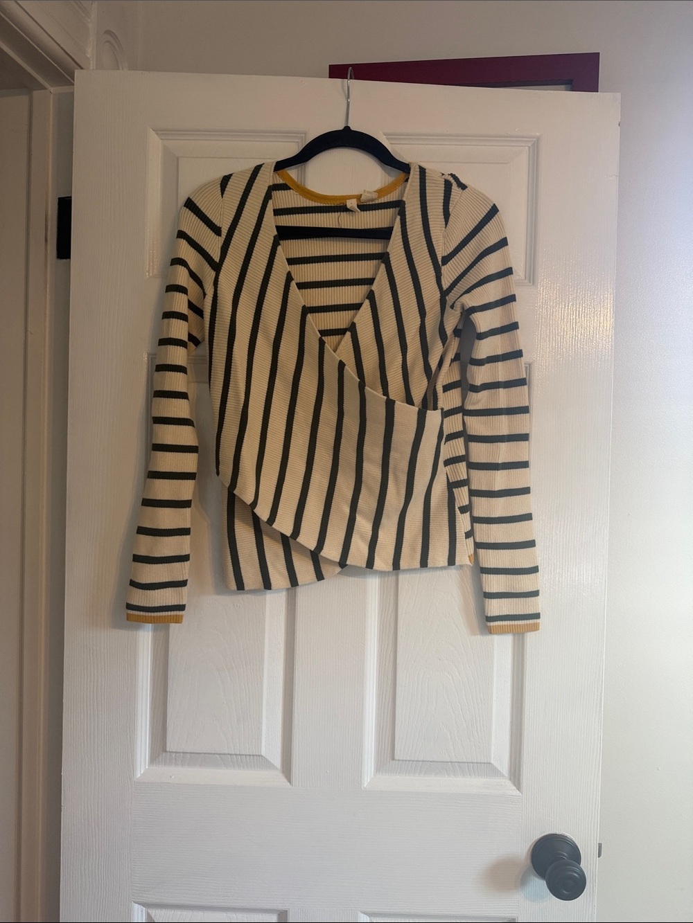 Anthropologie Striped Wrap-Front Knit Sweater Cream and Green with Mustard Trim